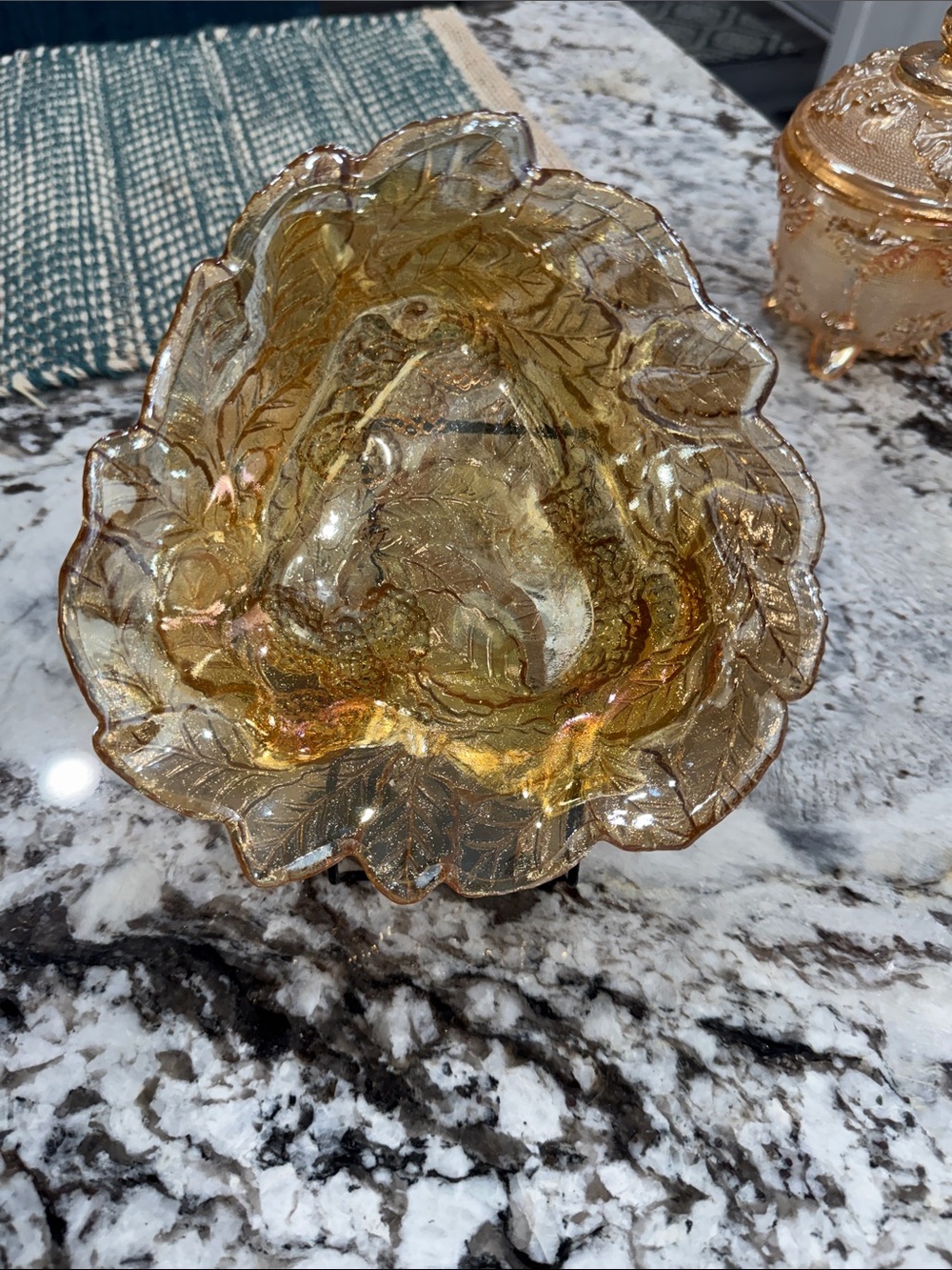 Amber Carnival Glass Leaf Bowl